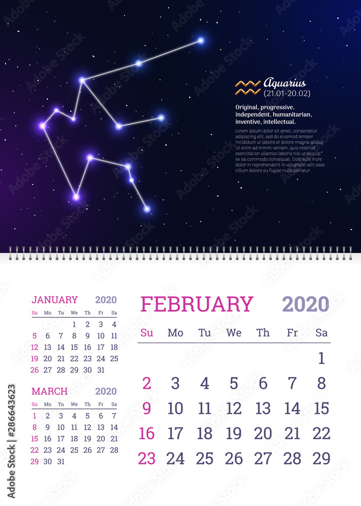 Wall calendar for February 2020 year with aquarius zodiac constellation.  Aquarius star sign and dates of birth on deep space background. Astrology  horoscope with personality traits vector illustration Stock Vector | Adobe  Stock