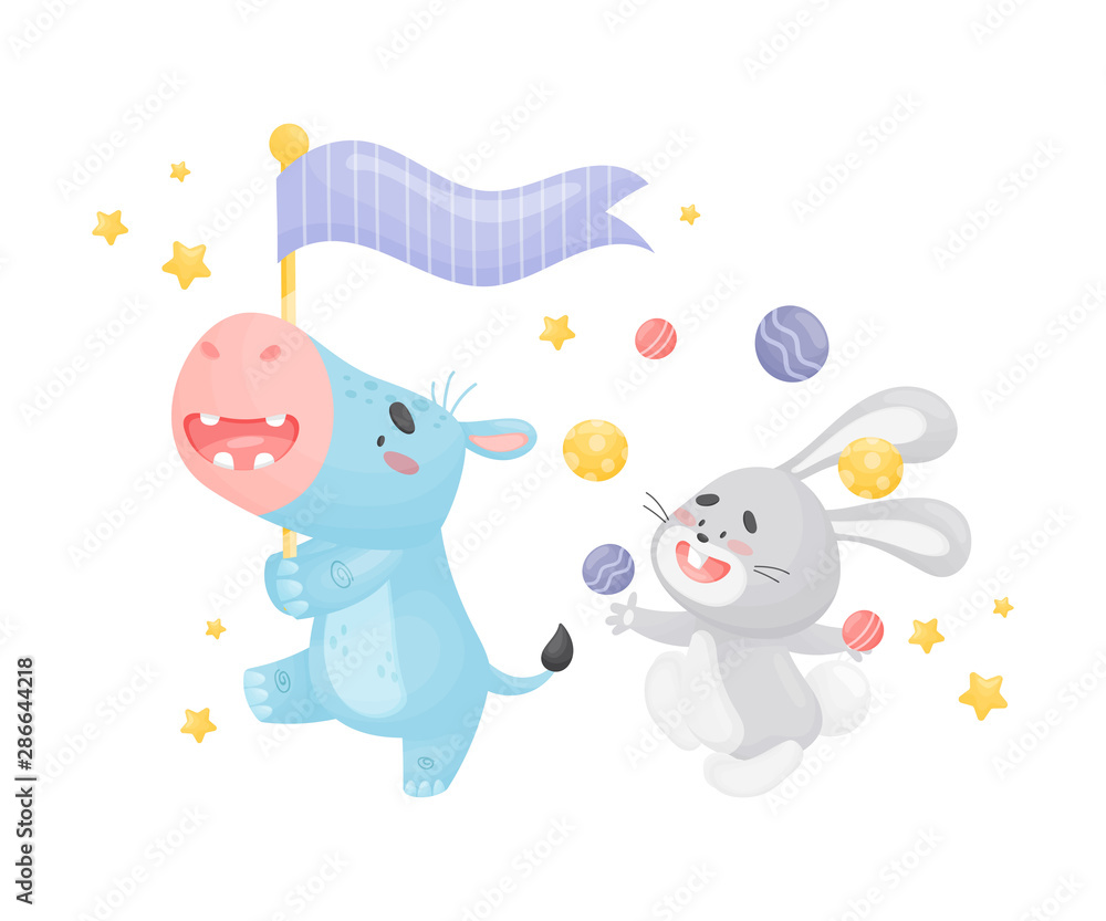 Cartoon hippo and hare in the parade. Vector illustration on a white background. Cartoon hippo and hare in the parade. Vector illustration on a white background.