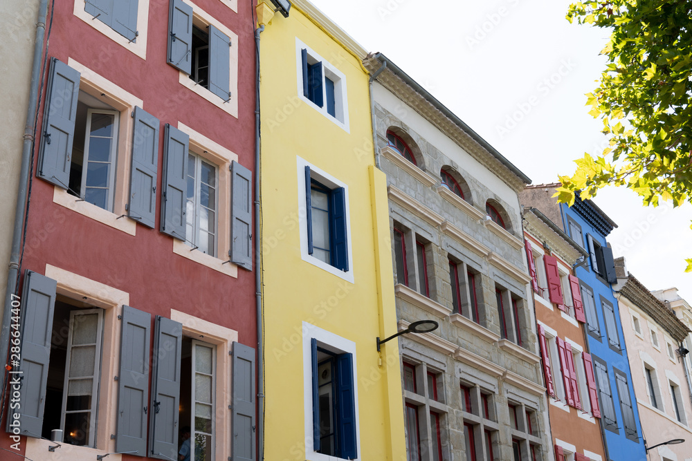 colorful houses in the slightly newer town old modern city of Carcassonne in France