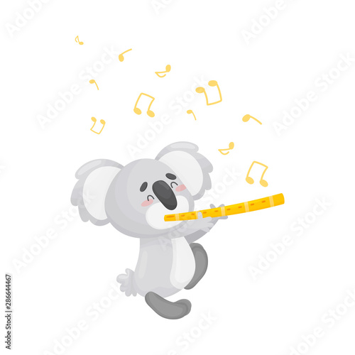 Cartoon koala with flute. Vector illustration on a white background.
