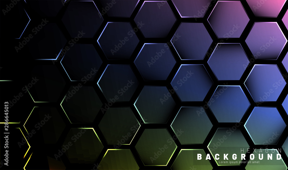 Abstract hexagon gradient colorful light pattern with a dark background technology style. Honeycomb. Vector illustration Abstract hexagon gradient colorful light pattern with a dark background technology style. Honeycomb. Vector illustration