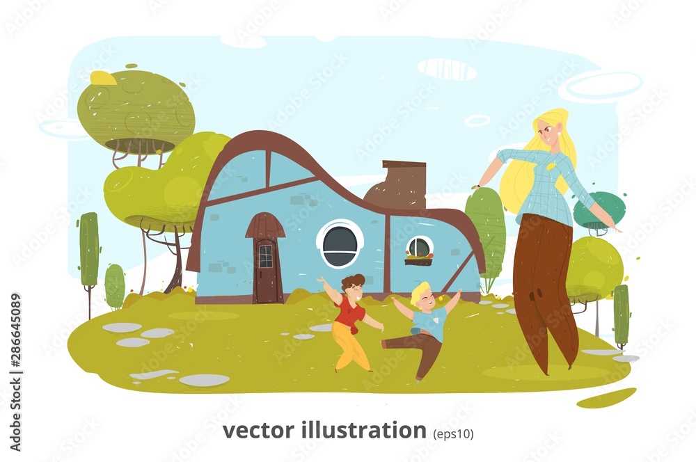 Happy Mother Rest with Children in Yard Cartoon Happy Mother Rest with Children in Yard Cartoon