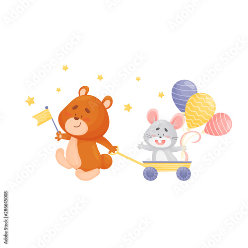 Cartoon bear pulling a wheelbarrow with a mouse. Vector illustration on a white background.