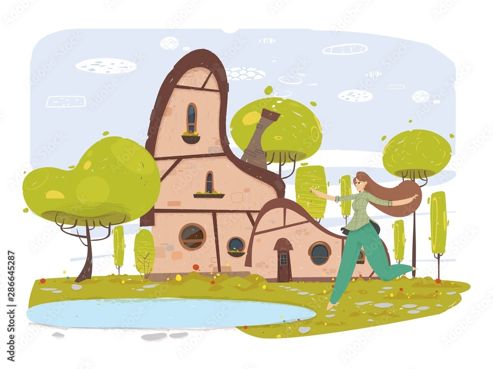 Happy Woman in Traditional Clothes in Yard Cartoon Happy Woman in Traditional Clothes in Yard Cartoon