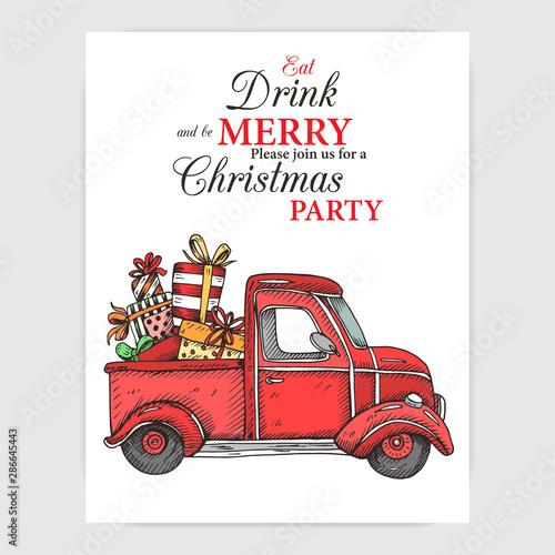 Vector hand drawn Card of happy new year. Invite for Christmas party with transport of Santa Claus.