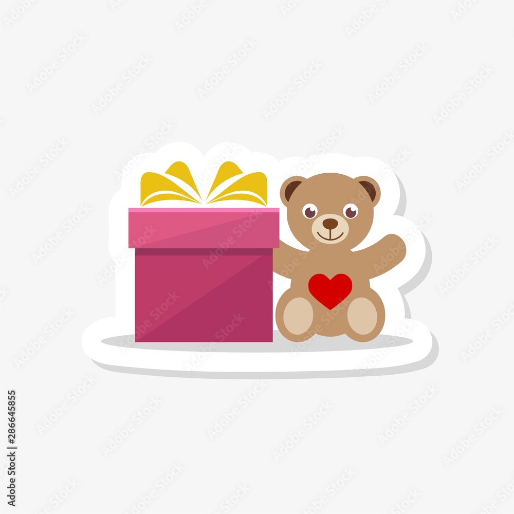 Teddy bear with gift box flat sticker, symbol, sign Teddy bear with gift box flat sticker, symbol, sign