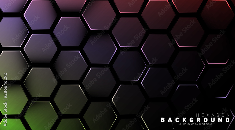 Abstract hexagon gradient colorful light pattern with a dark background technology style. Honeycomb. Vector illustration Abstract hexagon gradient colorful light pattern with a dark background technology style. Honeycomb. Vector illustration