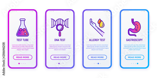 Medical analizes user mobile interface. Thin line icons: test tube, DNA test, allergy, gastroscopy. Laboratory research. Modern vector illustration for mobile app.