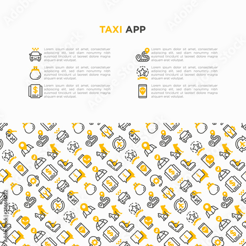 Taxi app concept with thin line icons: payment method, promocode, app settings, info, support service, phone number, route, destination, airport transfer, baby seat. Vector illustration.