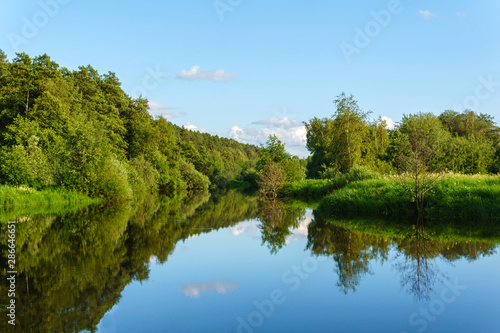summer landscape of a calm oxbow lake with wooded shores