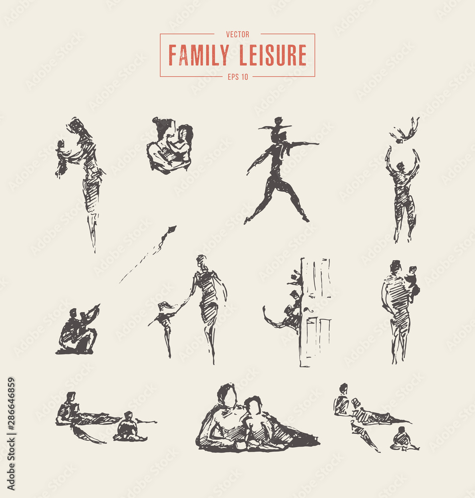 Fototapeta premium Mother daughter silhouette hand draw vector sketch