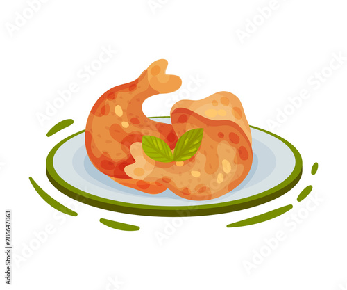 Fried chicken legs on a plate. Vector illustration on a white background.
