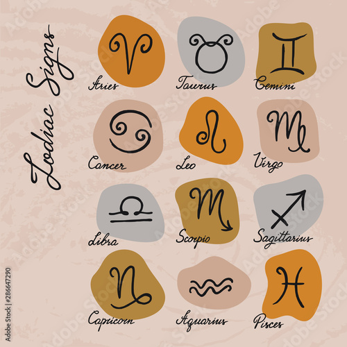 Vector set of hand-drawn zodiac signs icons on various backgrounds.