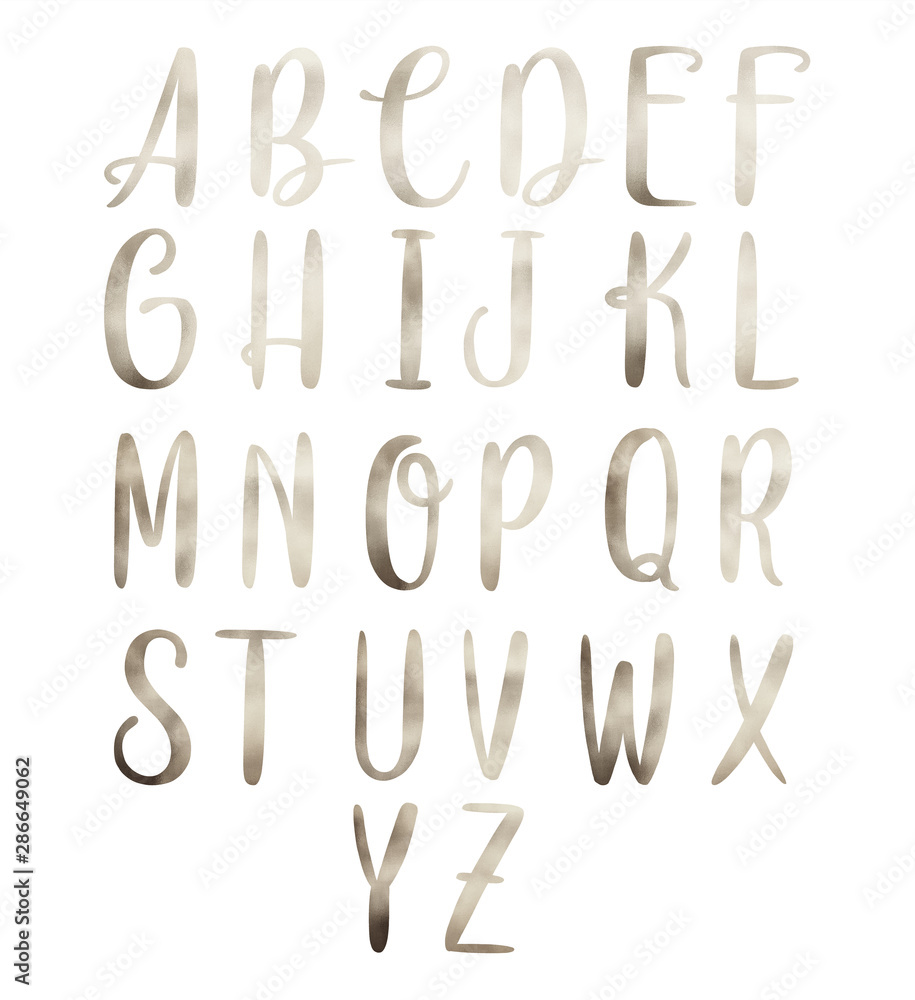 Hand drawn english calligraphic alphabet with silver texture. Each letter isolated on a white background. Hand drawn english calligraphic alphabet with silver texture. Each letter isolated on a white background.