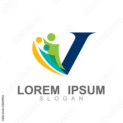 letter v logo with people design vector, family icon 
