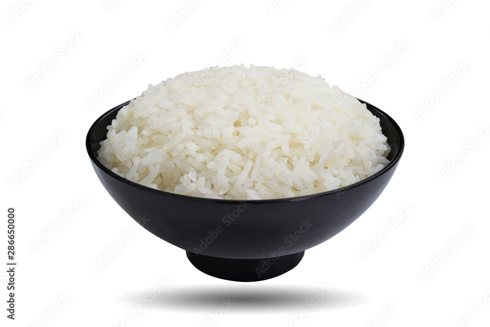 Jasmine rice cooked in a black bowl isolated on the white background. This has clipping path. Jasmine rice cooked in a black bowl isolated on the white background. This has clipping path.