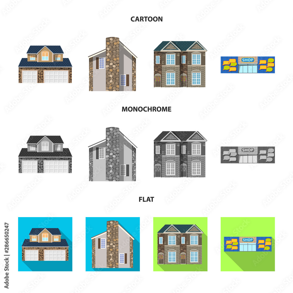 Vector illustration of building and front logo. Set of building and roof stock vector illustration.