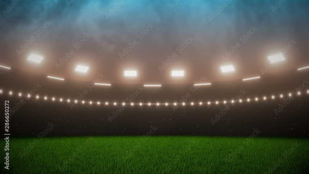 3D Rendering of soccer sport stadium, green grass during sunset with bright led spot lights and camera flashes from crowd of audience