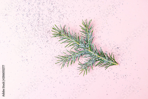 New Year  Christmas minimalistic concept  coniferous branch in silver spangles on a pink background with sparkles. Place for text  flat lay.
