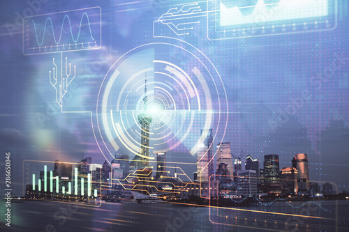 Photography Data theme hologram drawing on city view with skyscrapers background double exposure
