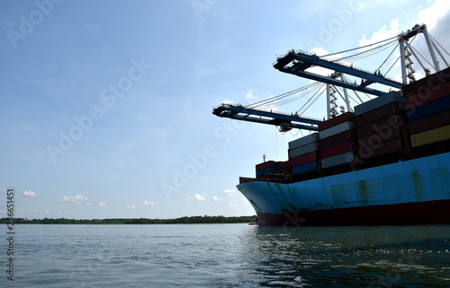 Cargo container ship during cargo operations in the port of Charleston  South Carolina. 