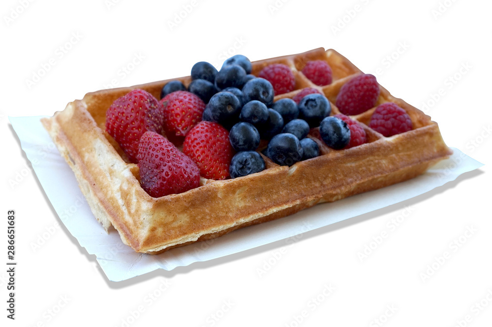 Waffle with fruits - strawberries, blueberries and raspberries Waffle with fruits - strawberries, blueberries and raspberries