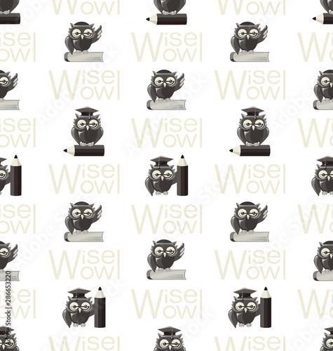 Wise owl with a book and a pencil. Seamless pattern. Image of a gray owl for use in corporate identity design, libraries, stationery, planner, organizer, notebooks.