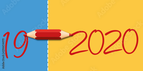 Carte de vœux 2020 symbolisant le passage à la nouvelle année avec une ligne en pointillé traversée par un crayon rouge.
