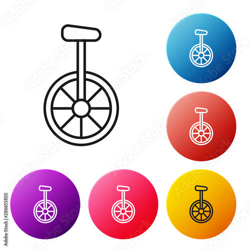 Black line Unicycle or one wheel bicycle icon isolated on white background. Monowheel bicycle. Set icons colorful circle buttons. Vector Illustration