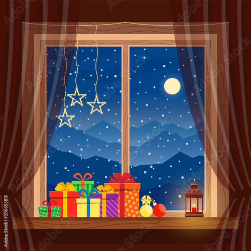 Christmas gifts on window with garlands, candle, lantern in cozy home on background of night blue mountains, snow and moon in winter, celebrating Christmas and New year. Vector flat illustration.