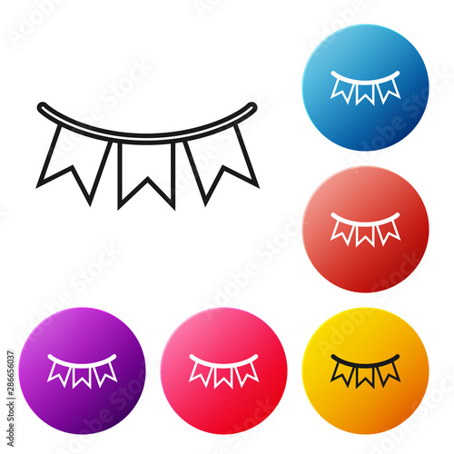 Black line Carnival garland with flags icon isolated on white background. Party pennants for birthday celebration, festival and fair decoration. Set icons colorful circle buttons. Vector Illustration