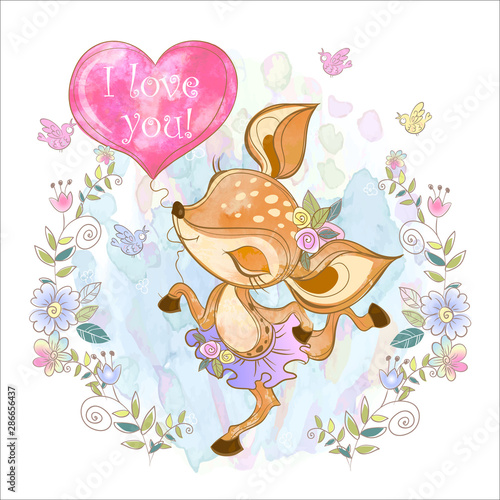 Cute fawn with a heart-shaped balloon. Vector.