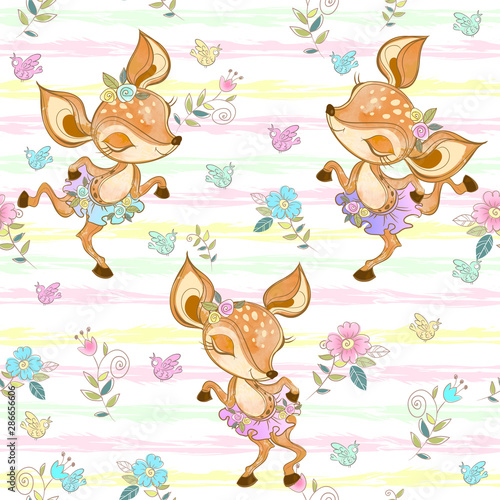 Seamless pattern with cute dancing fawns. Ballerinas. Vector.