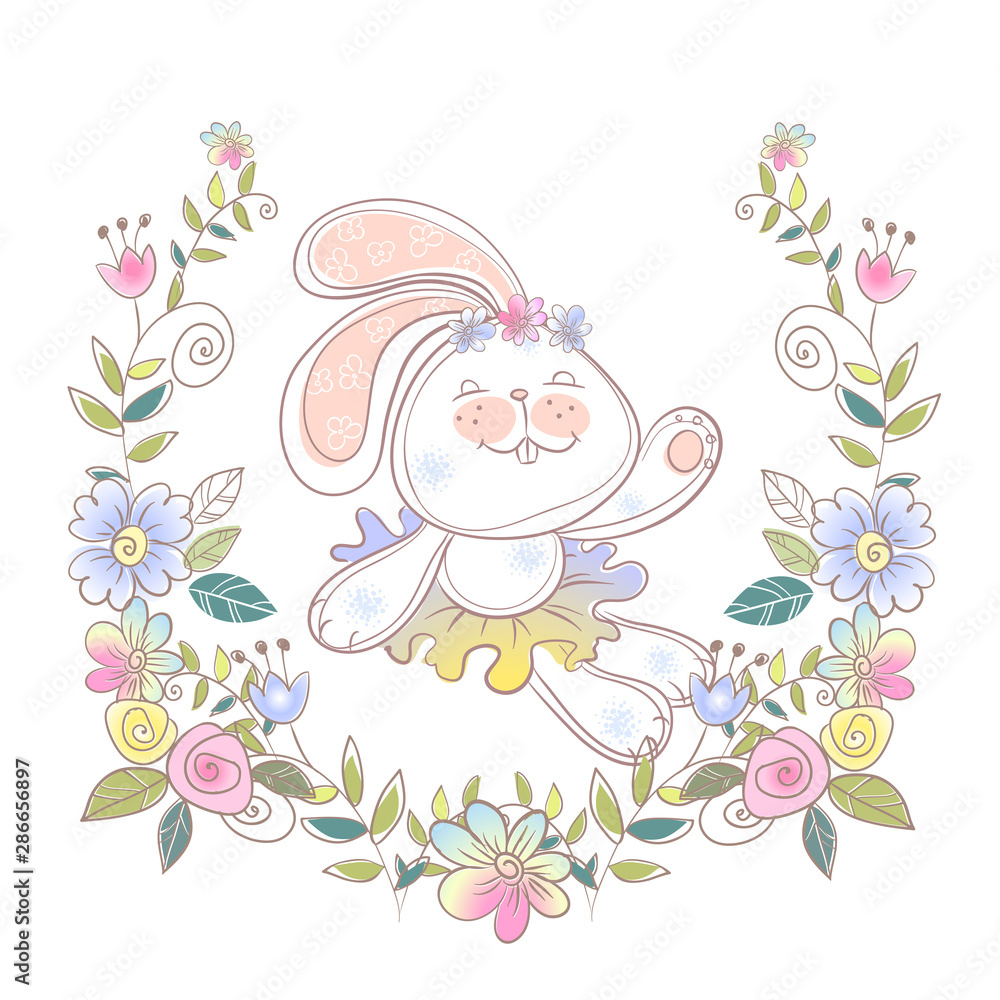 Cheerful Bunny ballerina in a wreath of flowers . Vector