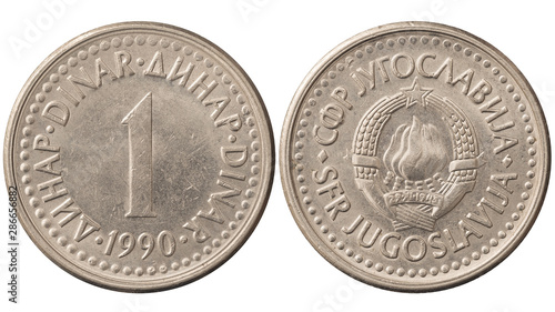 Used Yugoslavia 1 dinar, 1990. Vintage steel coin isolated on white.