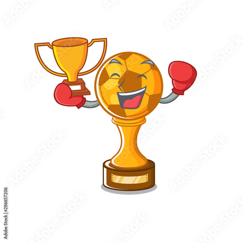 Boxing winner soccer trophy above cartoon wooden table