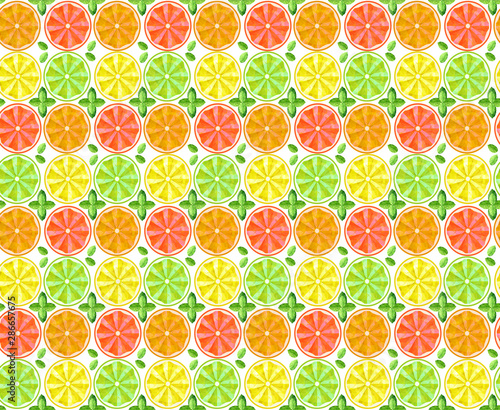 Seamless background. Conceptual polygonal fruit, lemon, orange, grapefruit and lime. Abstract vector illustration of low poly style. Stylized design element.