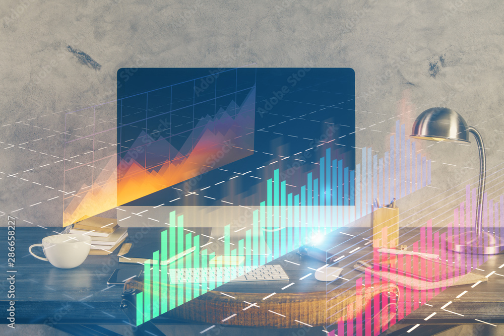 Double exposure of chart and financial info and work space with computer background. Concept of international online trading. Double exposure of chart and financial info and work space with computer background. Concept of international online trading.