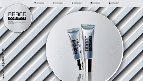 Silver cosmetic bottle on silver  background, package template, realistic design, vector illustration