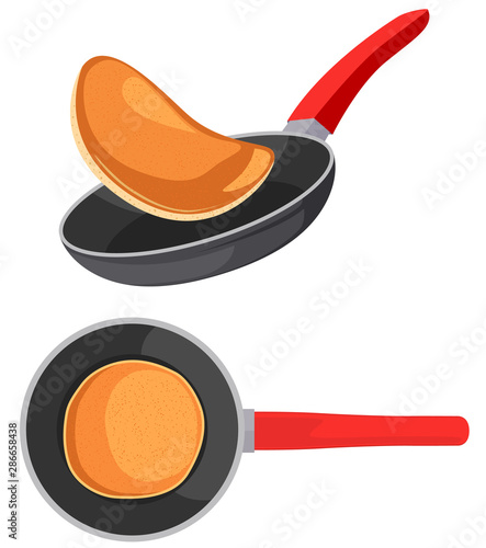 Flying pancakes and pancake in frying pan