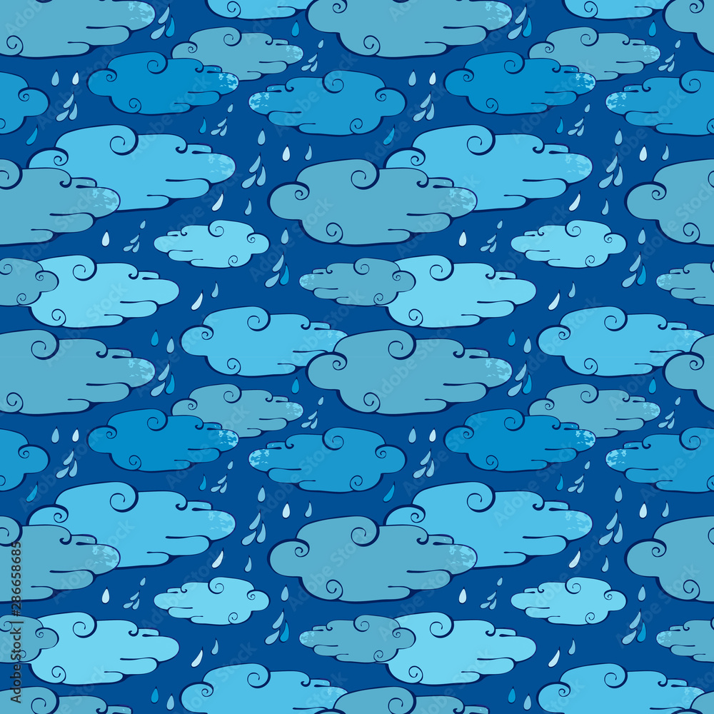 Seamless pattern of clouds and rain. Blue clouds drawn in Doodle style. Cute cartoon illustration in vector. Vintage background for fabric decoration, textiles, packaging, Seamless pattern of clouds and rain. Blue clouds drawn in Doodle style. Cute cartoon illustration in vector. Vintage background for fabric decoration, textiles, packaging,