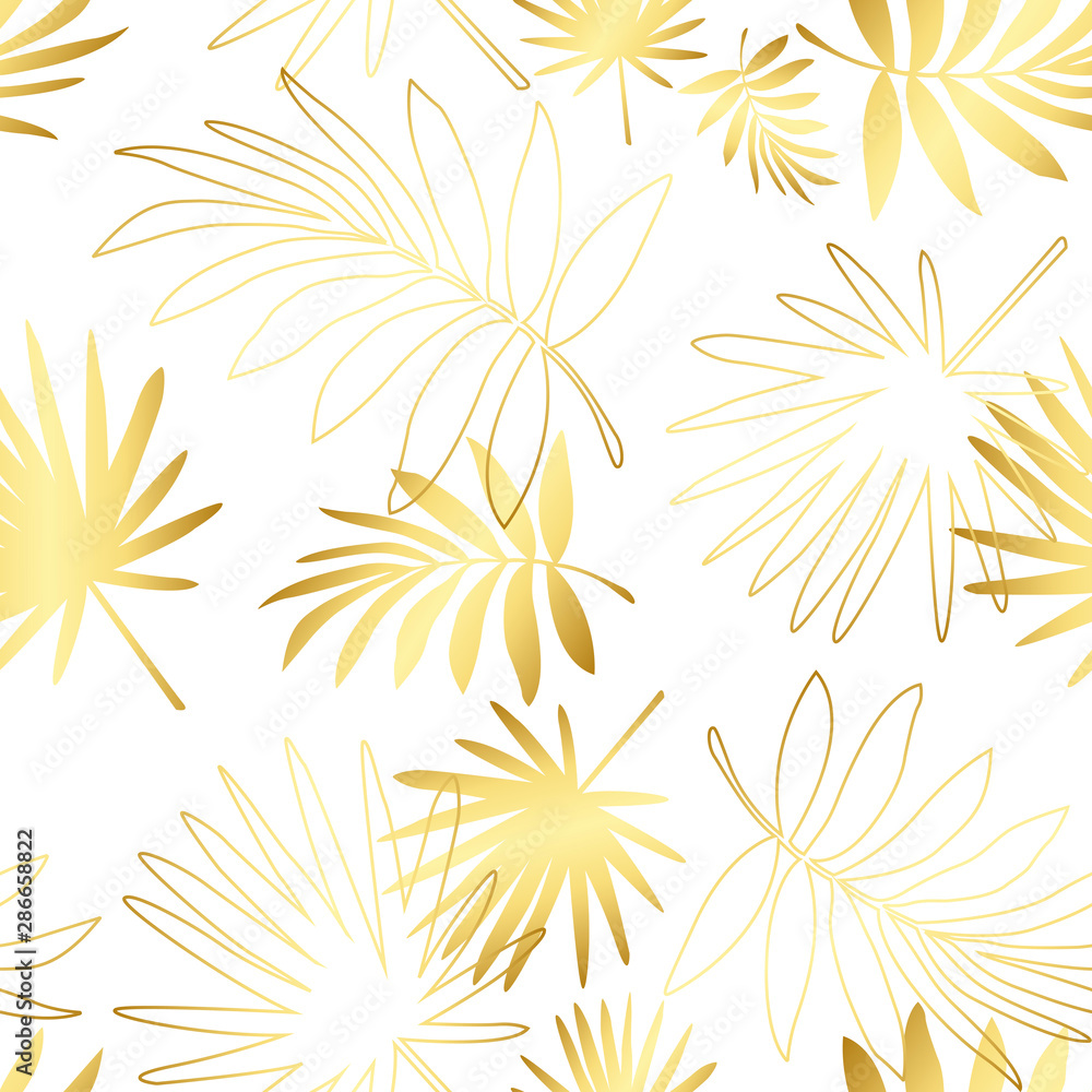 Tropical pattern, seamless palm leaves background. Gold glitter pattern with palm leaf.  R