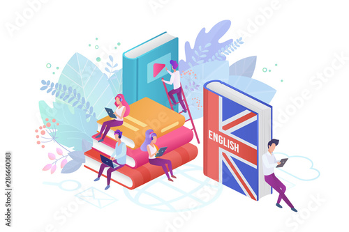 Students learning English isometric vector illustration. Pupils reading books 3d cartoon characters. Using hi-tech gadgets for teaching foreign languages. Distance education, online learning concept