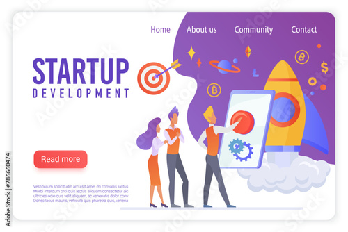 Startup development flat vector landing page template. Creative people discussing innovative project. Young businessman convincing partners to make investment. Pushing button to launch startup