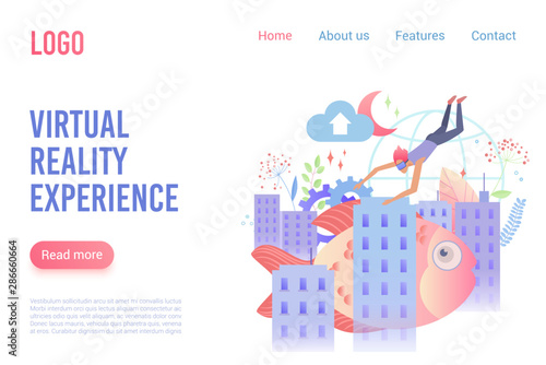 Virtual reality experience flat vector landing page template. Diver in VR glasses enjoying fantasy world cartoon character. Augmented reality entertainment options promo website page design layout