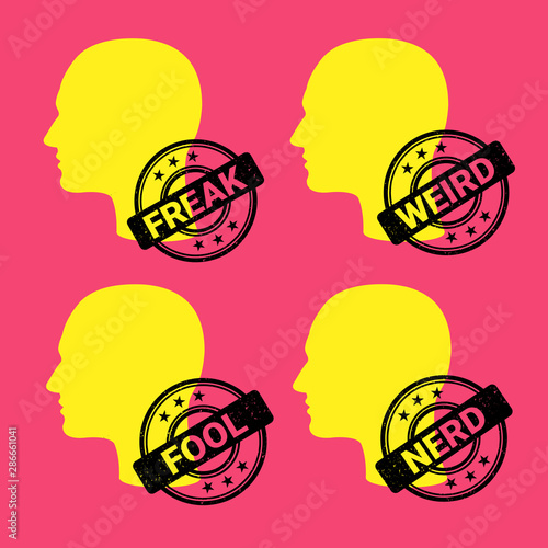 Freak, weird, fool, nerd - male, man and person is labelled by rubber stamp. Strange personality and character. Vector illustration