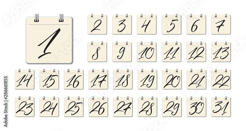 Black hand written calligraphy numbers on white background. Vector numerals 1-31 on calendar design