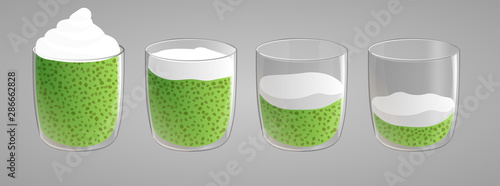 Set of chia seed pudding with green matcha tea. Healthy vegan snack with cream top. Full, half and almost empty glass. Vector illustration isolated on gray background.