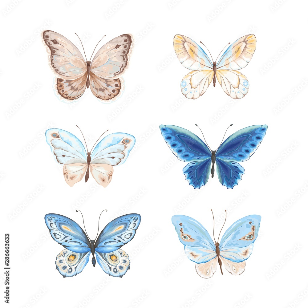 Set of flying butterflies blue, yellow and brown colors. Vector illustration in vintage style. Set of flying butterflies blue, yellow and brown colors. Vector illustration in vintage style.