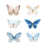 Set of flying butterflies blue, yellow and brown colors. Vector illustration in vintage style.